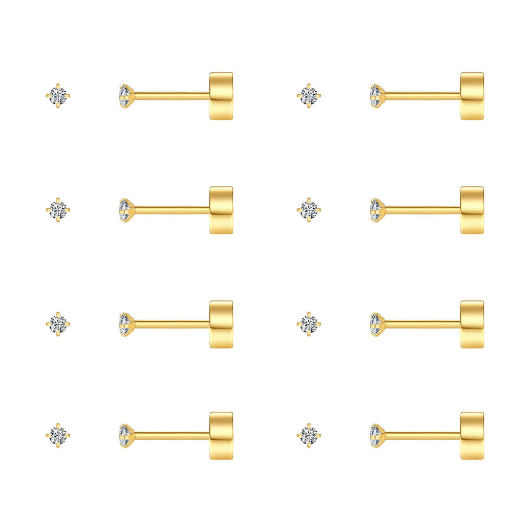 8 Pairs 2mm Tiny Flat Back Earrings for Women Men 14K Gold Plated Surgical Stainless Steel Stud Earrings Set Cubic Zirconia Cartilage Earring Hypoallergenic (Gold, 2mm CZ)