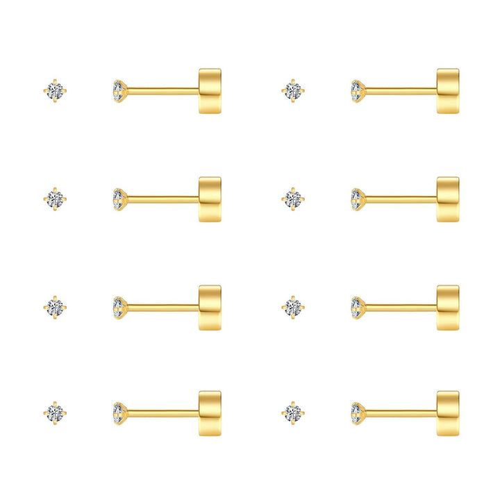 8 Pairs 2mm Tiny Flat Back Earrings for Women Men 14K Gold Plated Surgical Stainless Steel Stud Earrings Set Cubic Zirconia Cartilage Earring Hypoallergenic (Gold, 2mm CZ)