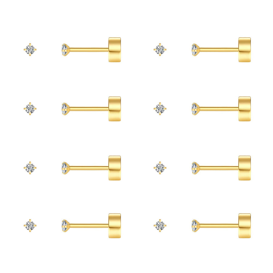8 Pairs 2mm Tiny Flat Back Earrings for Women Men 14K Gold Plated Surgical Stainless Steel Stud Earrings Set Cubic Zirconia Cartilage Earring Hypoallergenic (Gold, 2mm CZ)