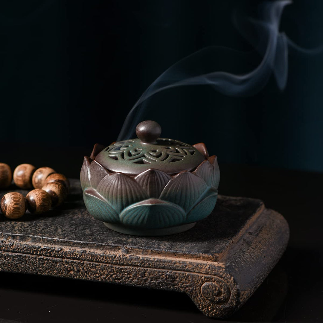 ChorZhow Incense Burner or Incense Cone Holder,Lotus Cone Incense Burner,Incense Cone Holder for Incense Cone and Coil Incense, Coil Incense Burner Set for Office Yoga and Home,Green