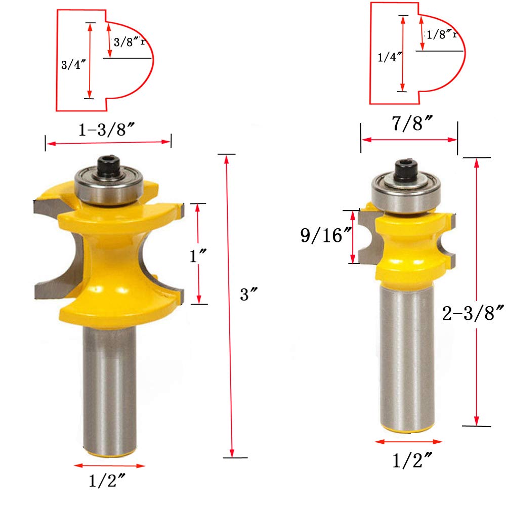 5pcs Bullnose Router Bit Set 1/2 Inch Shank Carbide Half Round Router Bit Set Beading Router Bit Woodworking Cutter Tools