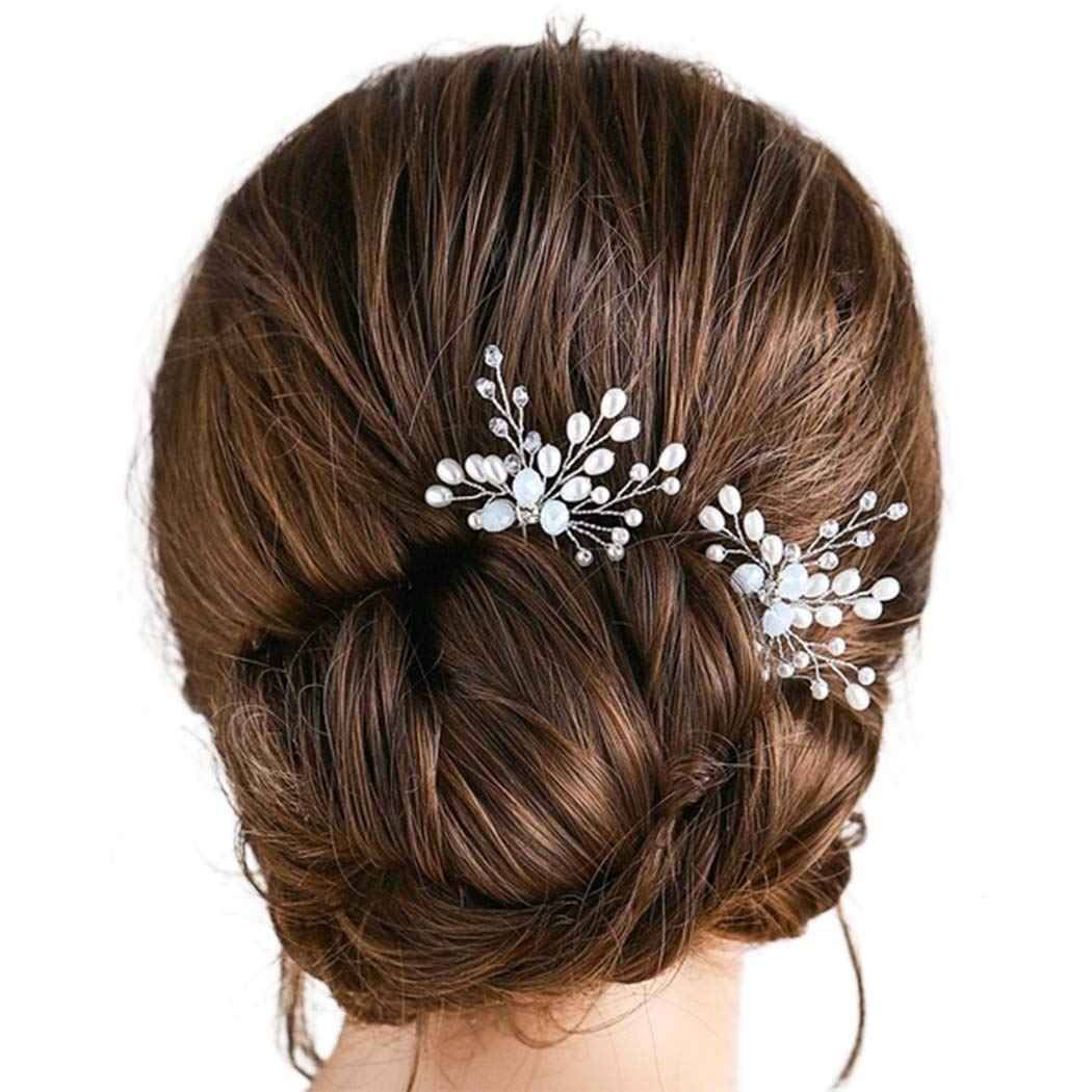 Bride Pearl Wedding Hairpin Rhinestones Bridal Hair Pins Sparkly Crystal Hair Clips Jewelry for Women and Girls (Pack of 2) (Silver)