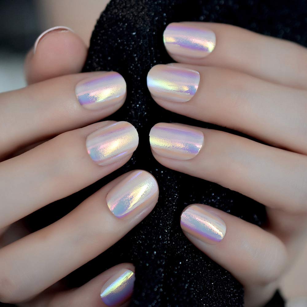 24pcs Unicorn Chrome Press On Fake Nails with Designs Iridescent Pink Short Full False Nails Acrylic with Glue Sticker
