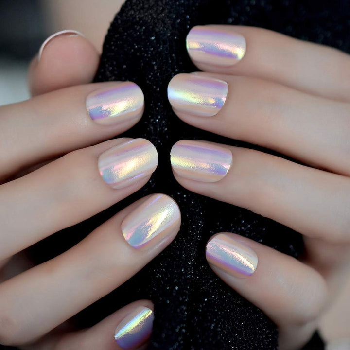 24pcs Unicorn Chrome Press On Fake Nails with Designs Iridescent Pink Short Full False Nails Acrylic with Glue Sticker