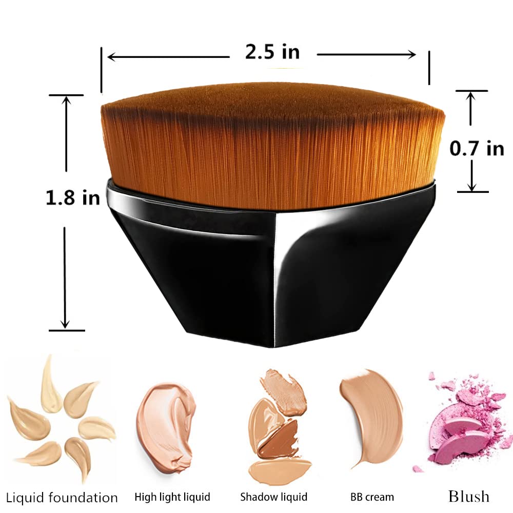 BlingToman 2 Pcs Foundation Brushes Set Flat Top Kabuki Face Blush Brush Foundation Brush for Blending Liquid, Cream or Flawless Powder Cosmetics with Portable Travel Case (black&amp;champange)