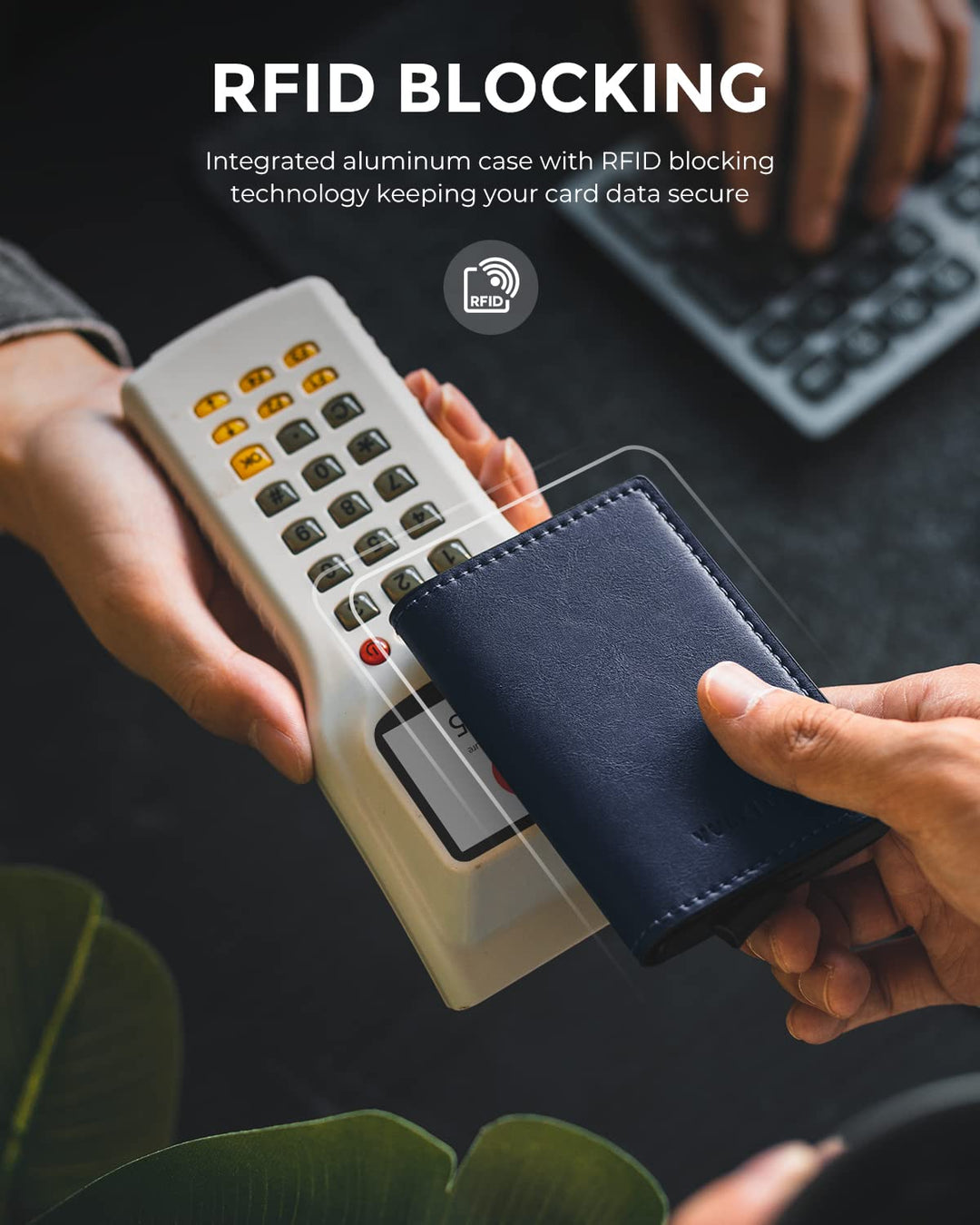 Credit Card Holder RFID Blocking Leather Automatic Pop Up Wallet Aluminum Slim Pocket Business Card Case Vintage Navy