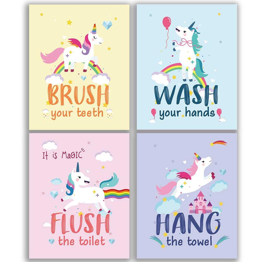 Unicorn Bathroom Watercolor Art Print Set of 4(8”X10”), Funny Colorful Unicorn Art Poster for Nursery, Daughter Girls Boys Kids Bathroom Home Wall Decor Unframed