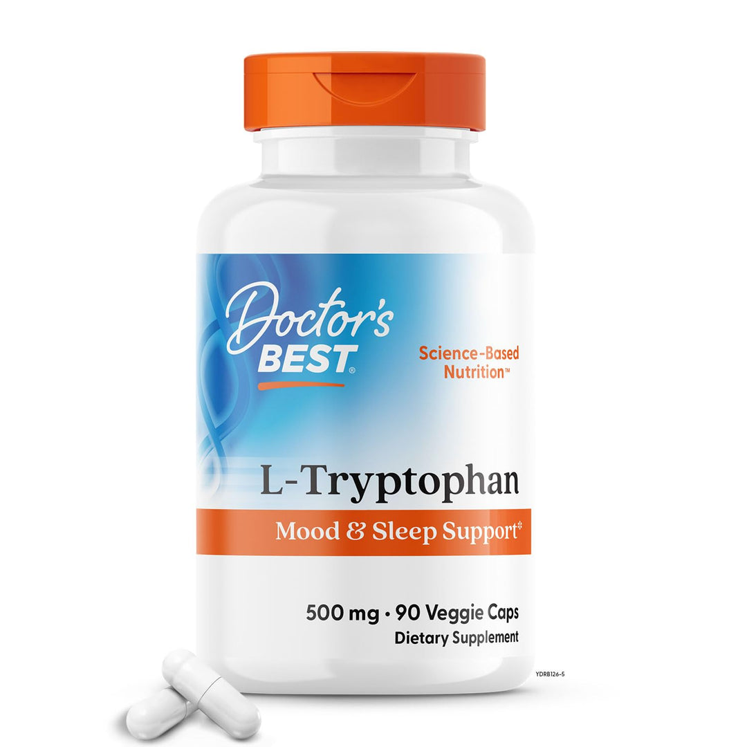 Doctor&#39;s Best L-Tryptophan , Helps Sleep, Healthy Mood &amp; Behavior, Non-GMO, Vegan, Gluten &amp; Soy Free, Veggie Caps, Promotes Normal, Healthy Restful Sleep, 90 Count