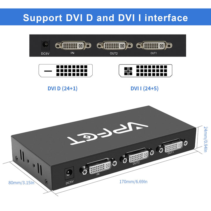 VPFET DVI Splitter 1x2 DVI 1 in 2 Out 2Port DVI Distrib