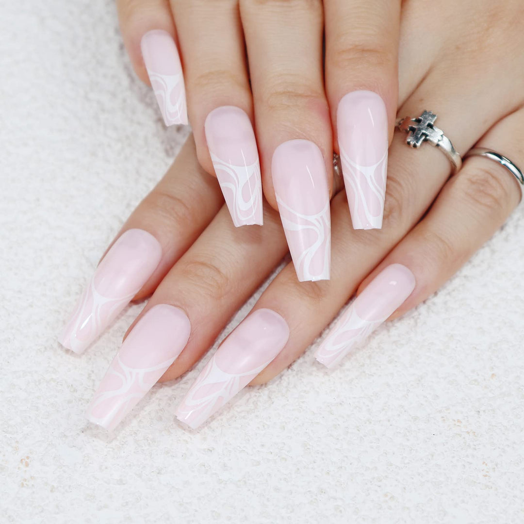 Long Ballerina Press on Nails Glossy Coffin Fake Nails Full Cover False Nails White Wave Glue on Nails for Women Nail Art Salon DIY Decoration