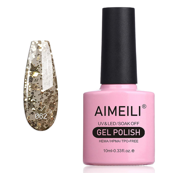 Soak Off U V LED Clear Glitter Gel Nail Polish - Golden Superstar Glitter (062) 10ml