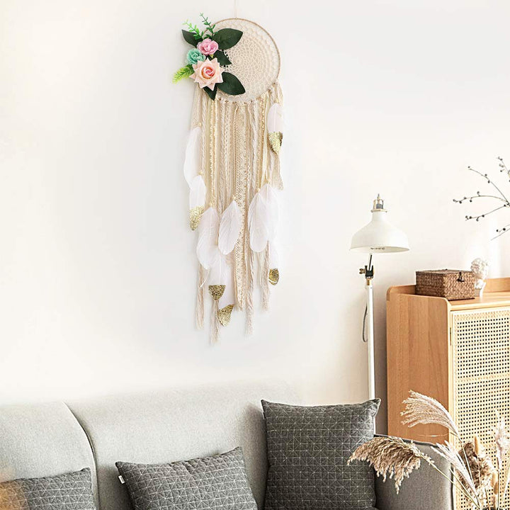 Dream Catcher for Kids Bedroom White and Gold Feather Dream Catchers with Flowers Wall Decor Handmade Room Hanging Wedding Decoration Crafts Gift
