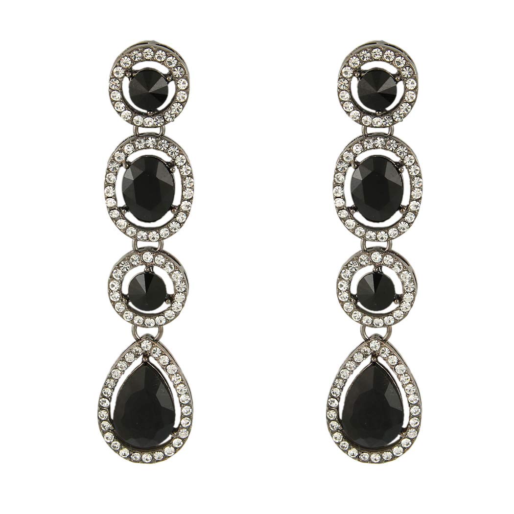Women&#39;s Austrian Crystal Art Deco Teardrop Party Long Dangle Earrings Black-tone Black