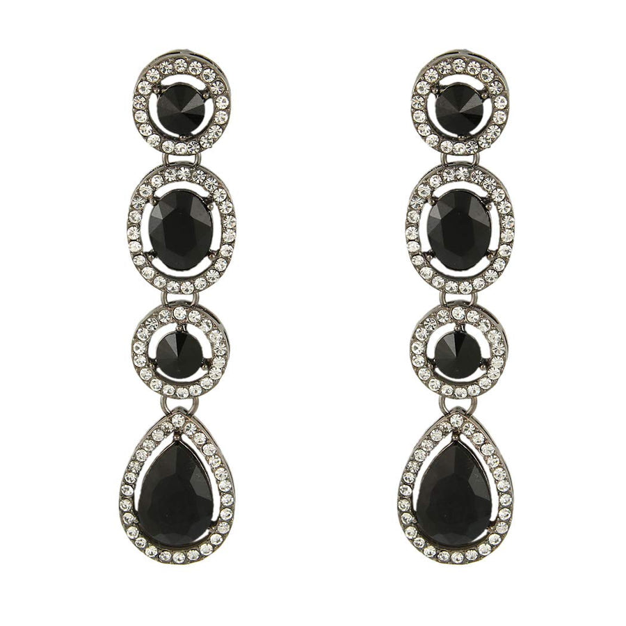 Women's Austrian Crystal Art Deco Teardrop Party Long Dangle Earrings Black-tone Black