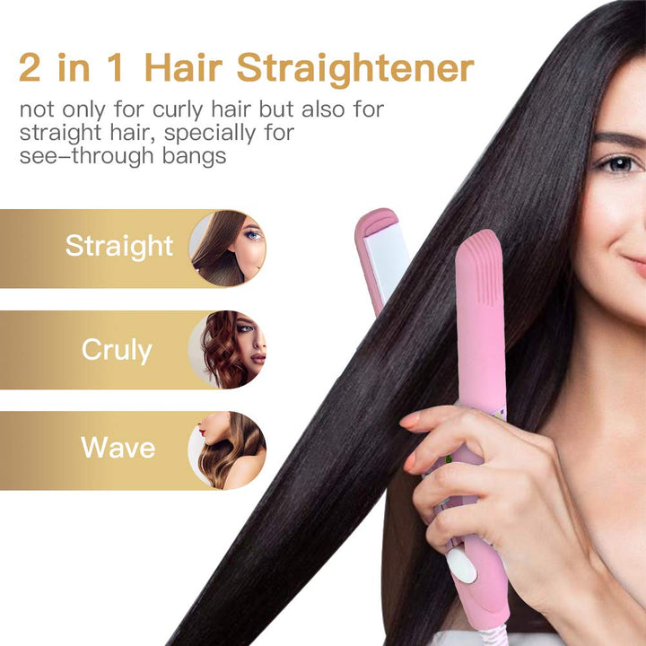 Hair Straightener Flat Iron, 2 in 1 Mini Bangs Hair Straightener Beauty Flat Iron Heating Curler Ceramic Tourmaline Plate Wave Straightener (Pink)