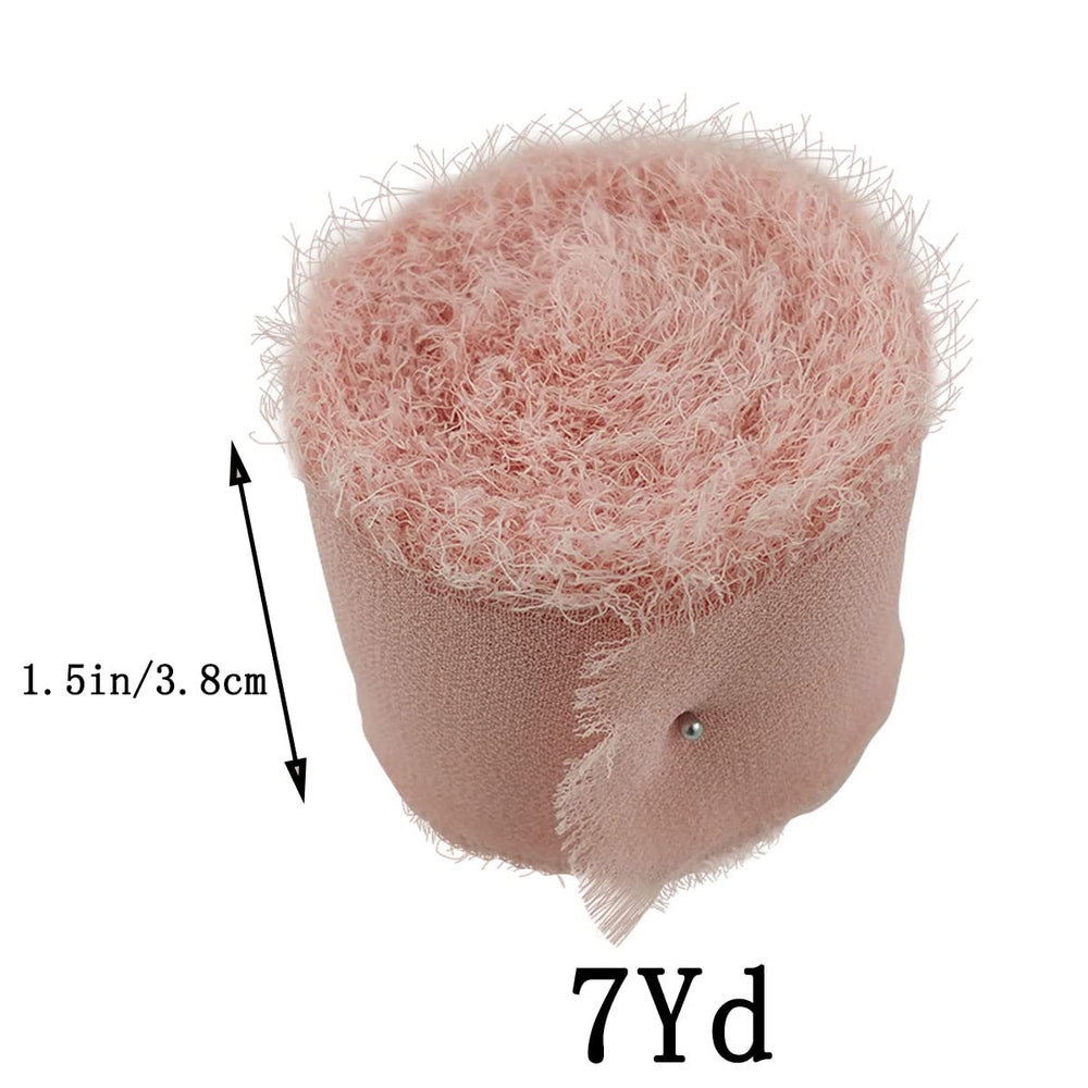1Rolls Handmade Fringe Gauze Chiffon Silk Ribbon 1.5 Inch x 7Yard Frayed Edges Ribbon for Invitations Bouquets Wedding Flatlays Gift Wrapping Decorations (Blush Pink)