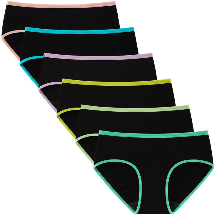 Girls Cotton Underwear Teen Comfortable Panties Size 8-16 Briefs 6 Pack(12-14 Years, Black With Neon Hem)
