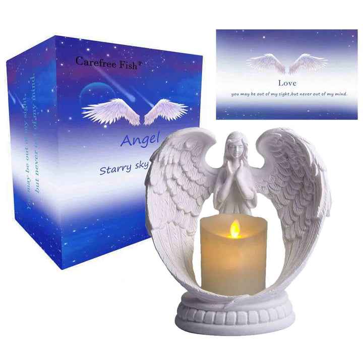 Starry White Angel Wing Praying Sandstone Statue Angel Figurine Prayer Home Decoration Memorial LED Candle Holder 6Inch (Sandstone Process)