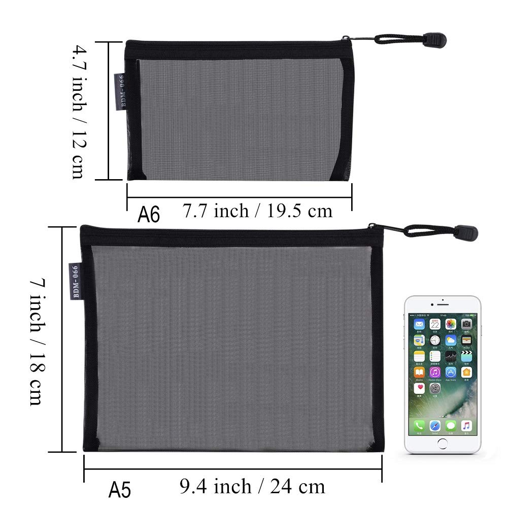 Nylon Mesh Cosmetic Zipper Bags, 6PCS Black Makeup Pouches Travel Organizer Case for Purse Diaper Bag (A5 x 3pcs, A6 x 3pcs)