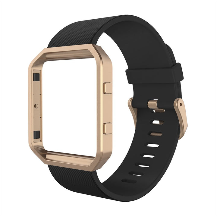 Sport Band Compatible with Fitbit Blaze Smartwatch Sport Fitness, Silicone Wrist Band with Meatl Frame Replacement for Fitbit Blaze Men Women, Small, Black+Rose Gold Frame