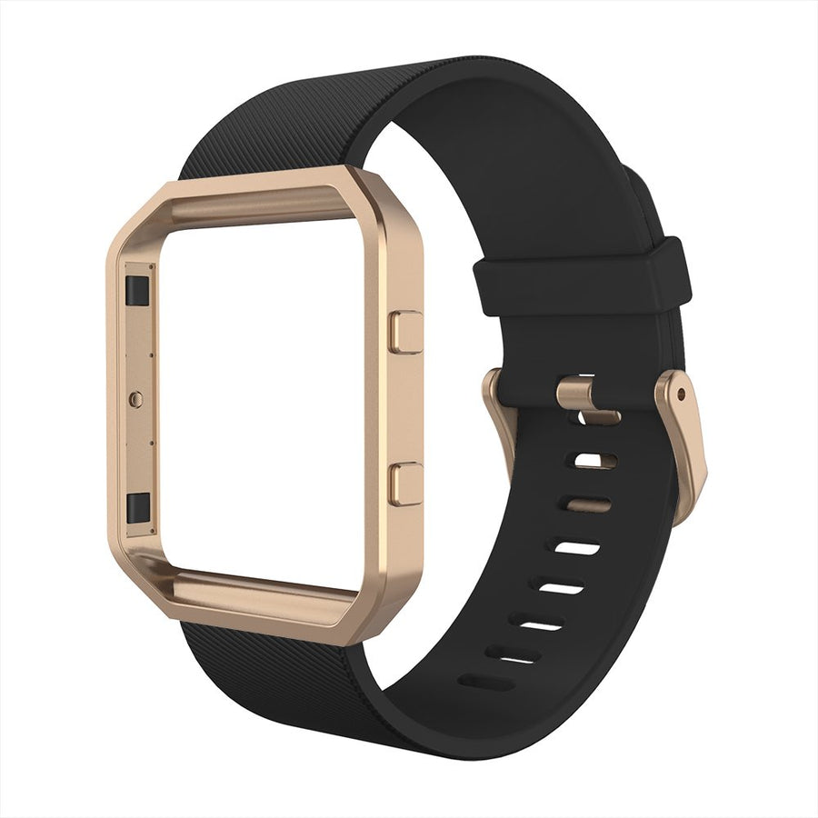 Sport Band Compatible with Fitbit Blaze Smartwatch Sport Fitness, Silicone Wrist Band with Meatl Frame Replacement for Fitbit Blaze Men Women, Small, Black+Rose Gold Frame