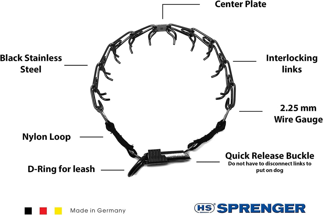 Herm. Sprenger Black Stainless Steel Prong Dog Training Collar with Quick Release Buckle Ultra-Plus Pet Pinch Collar No-Pull Collar for Dogs Made in Germany 2.25mm x 16in Small