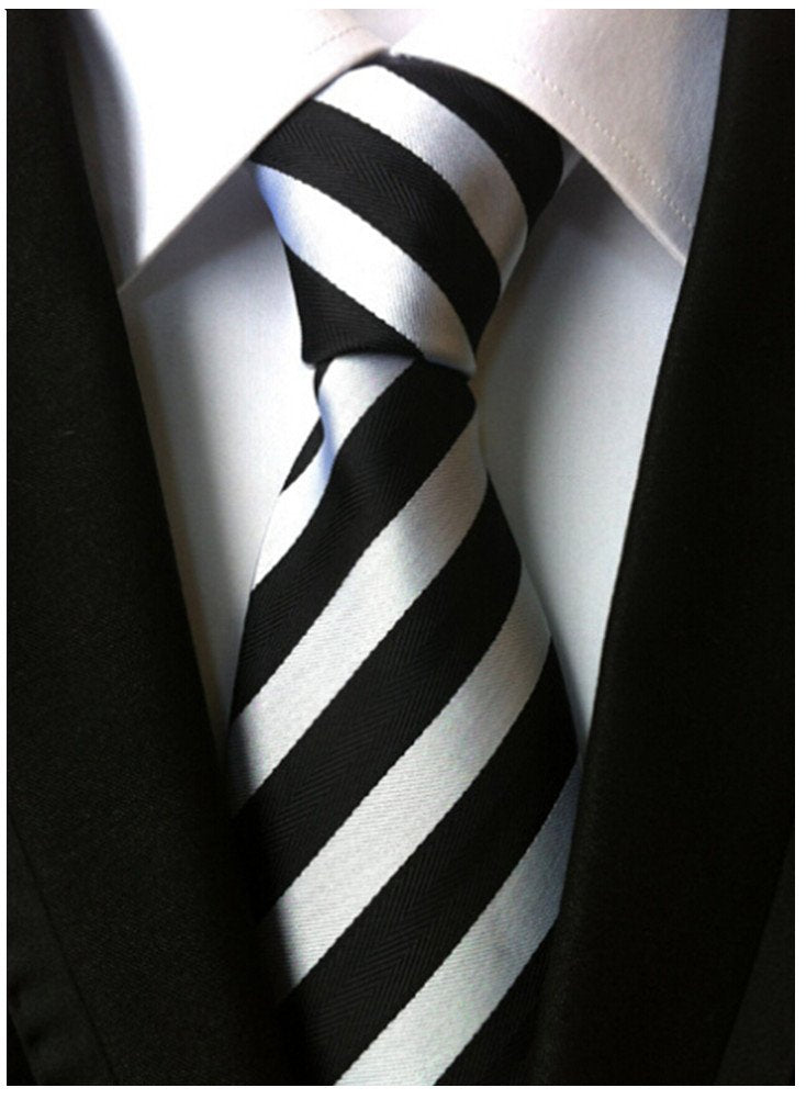 Men&#39;s Classic Striped Black And White Woven Silk Tie Microfiber Necktie