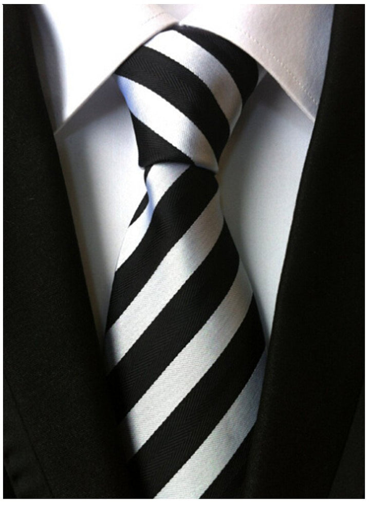 Men&#39;s Classic Striped Black And White Woven Silk Tie Microfiber Necktie