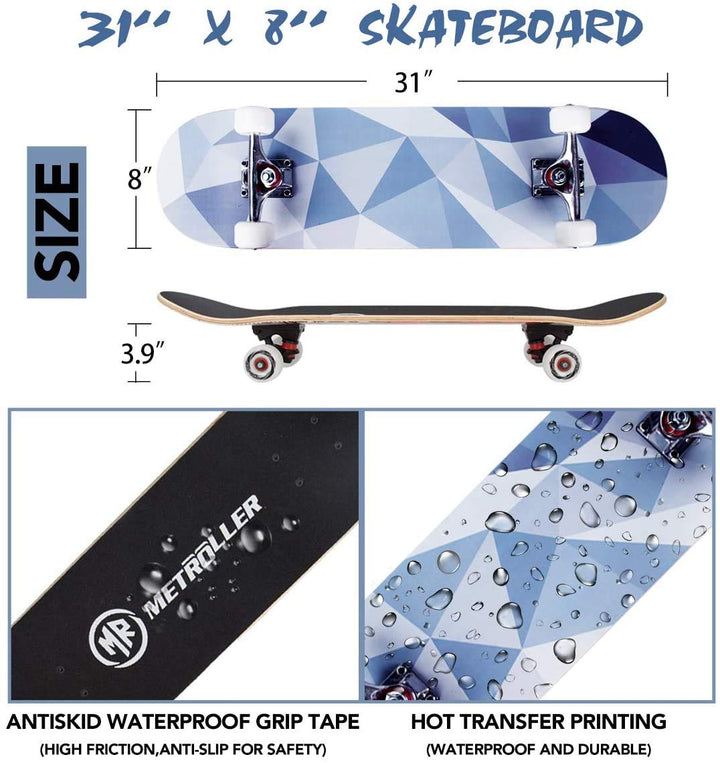 Skateboards for Beginners,31 x 8 Complete Standard Skate Boards for Girls Boys, 7 Layer Canadian Maple Double Kick Concave Skateboard for Kids Youth Teens Adults