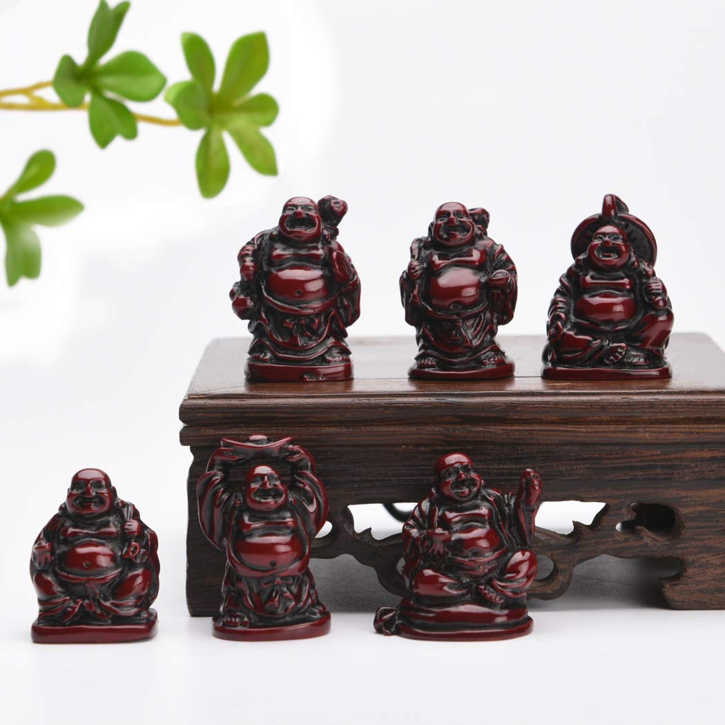 BRABUD 1&#39;&#39; Red Resin Laughing Buddha Maitreya Figurines Collection Gift Home Office Desk Decor Flower Pot Statue Decoration Set of 6