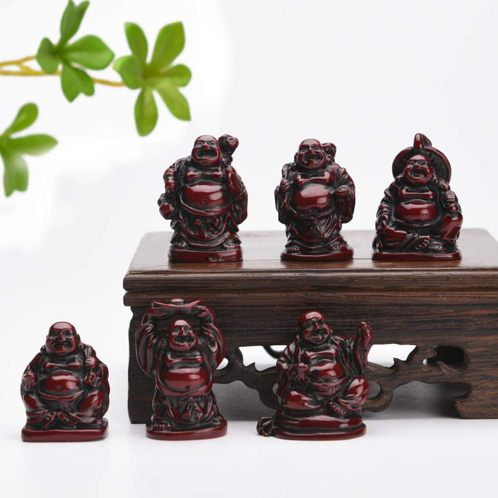 BRABUD 1&#39;&#39; Red Resin Laughing Buddha Maitreya Figurines Collection Gift Home Office Desk Decor Flower Pot Statue Decoration Set of 6