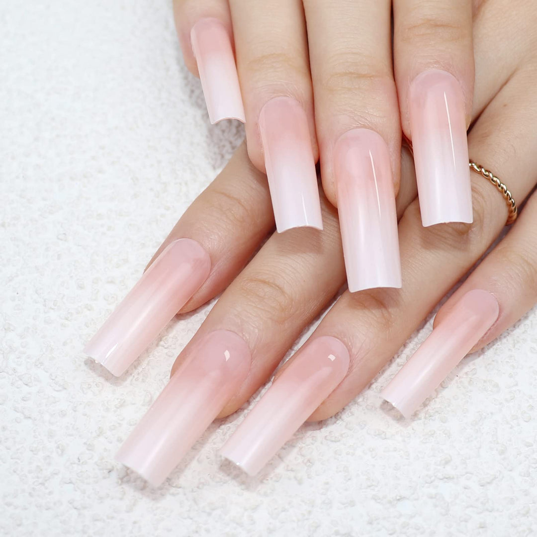 Glossy Square Press on Nails Long Squoval Fake Nails Nude Fake Fingernails Artificial Acrylic Nails False Nails for Professional and Beginner