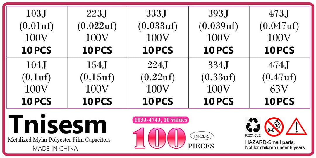 100 Pcs 10 Value Metalized Mylar Polyester Film Capacitors Assortment Kit 103nF - 474nF 100V and 63V in a Box Tn-20-5