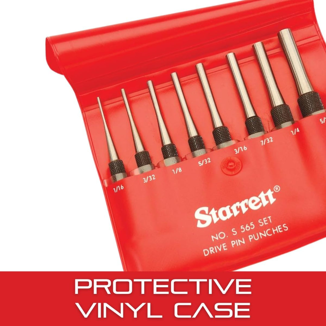 Drive Pin Punch Set with Knurled Grip and Protective Vinyl Case - 4 Length, 1/16, 3/32, 1/8, 5/32, 3/16, 7/32, 1/4, 5/16 Punch Diameter - S565PC