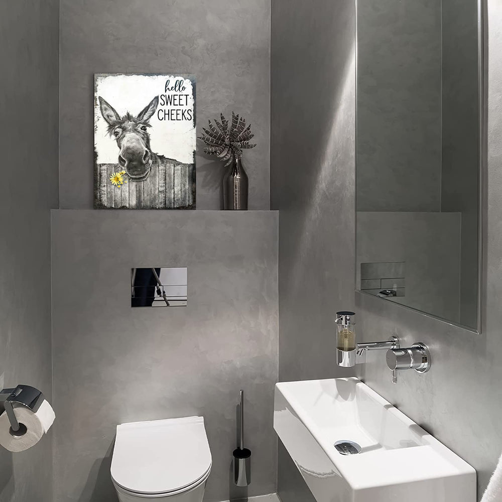 Farmhouse Bathroom Wall Art Donkey Poster Funny Donkey Pictures for Wall Rustic Canvas Print Black and White Painting Animal Wall Décor Country Vintage Framed Artwork 16x20