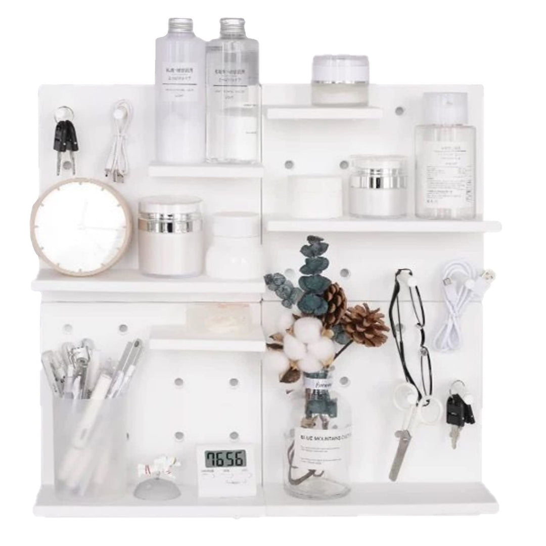 Plastic Pegboard Wall Organizer, White, 22 x 22 x 1.5 in, Includes 4 Wall Shelves, 8 Hanging Boards, 24 Hooks