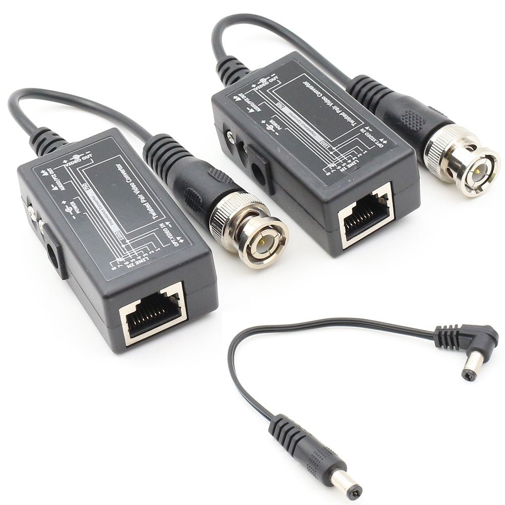 Passive Video Balun with Power BNC to RJ45 Adapter Cat5 / Cat6 Cable to BNC Male Network Transceiver for CCTV Security Surveillance Camera 1 Pair