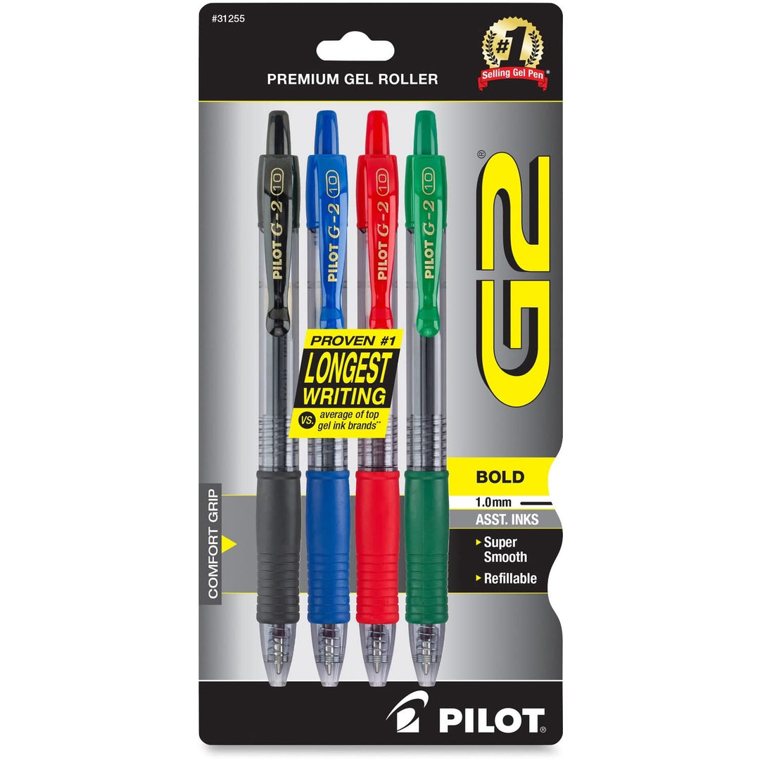 Pilot, G2 Premium Gel Roller Pens, Bold Point 1 mm, Pack of 4, Assorted Colors
