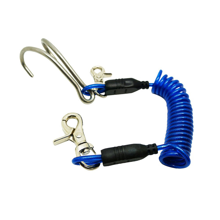 Diving Stainless Steel Reef Double Hook with Spiral Coil Lanyard, Blue