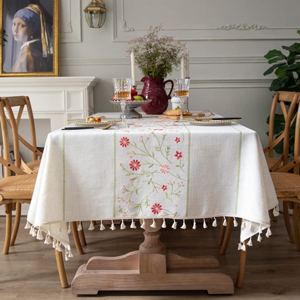 Table Cloth Embroidery Floral Pattern Wrinkle Free Heavy Weight Cotton Linen Farmhouse Tablecloth Decorative Fabric Tassel Table Cover for Outdoor and Indoor Use (Rectangle,55 x 102 Inch)