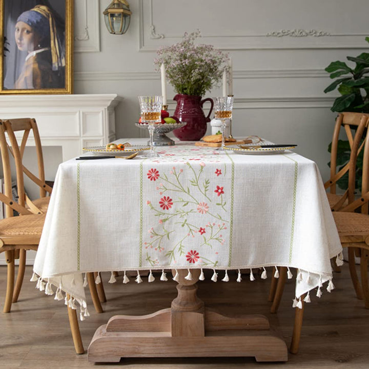 Table Cloth Embroidery Floral Pattern Wrinkle Free Heavy Weight Cotton Linen Farmhouse Tablecloth Decorative Fabric Tassel Table Cover for Outdoor and Indoor Use (Rectangle,55 x 102 Inch)