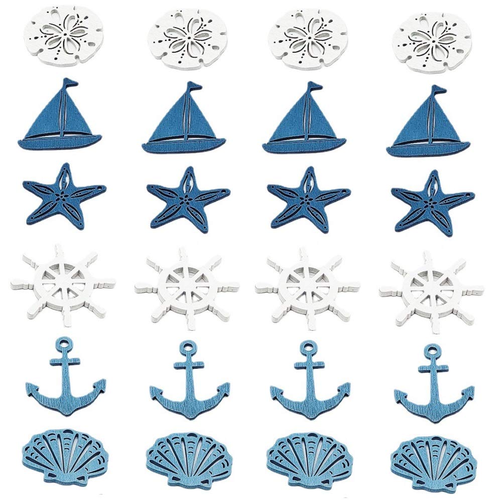 24Pack Nautical Wooden Coastal Wall Hanging Ornaments Coastal Cruise Ship Miniature Beach Themed Arts and Crafts Wood Cut for Home Nursery Kindergarten Wall Decor Crafts