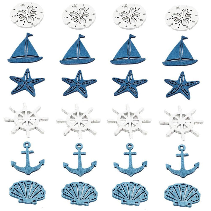 24Pack Nautical Wooden Coastal Wall Hanging Ornaments Coastal Cruise Ship Miniature Beach Themed Arts and Crafts Wood Cut for Home Nursery Kindergarten Wall Decor Crafts