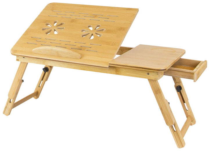 Laptop Bed Tray with Tilting Top and Pullout Storage Drawer | Adjustable Breakfast Table with Foldable Design | Eco-Friendly, Natural Bamboo Laptop Tray (MI-7212)