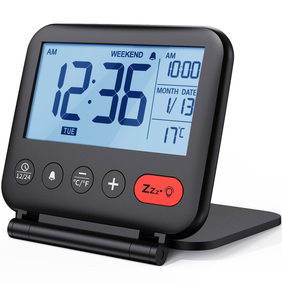 Digital Travel Alarm Clock for Bedroom Office: Small LCD Desk Clock with Backlight Date Temperature Snooze 12/24H Weekend Mode and Mirror, Battery Powered Folding Bedside Clock for Adult Kids
