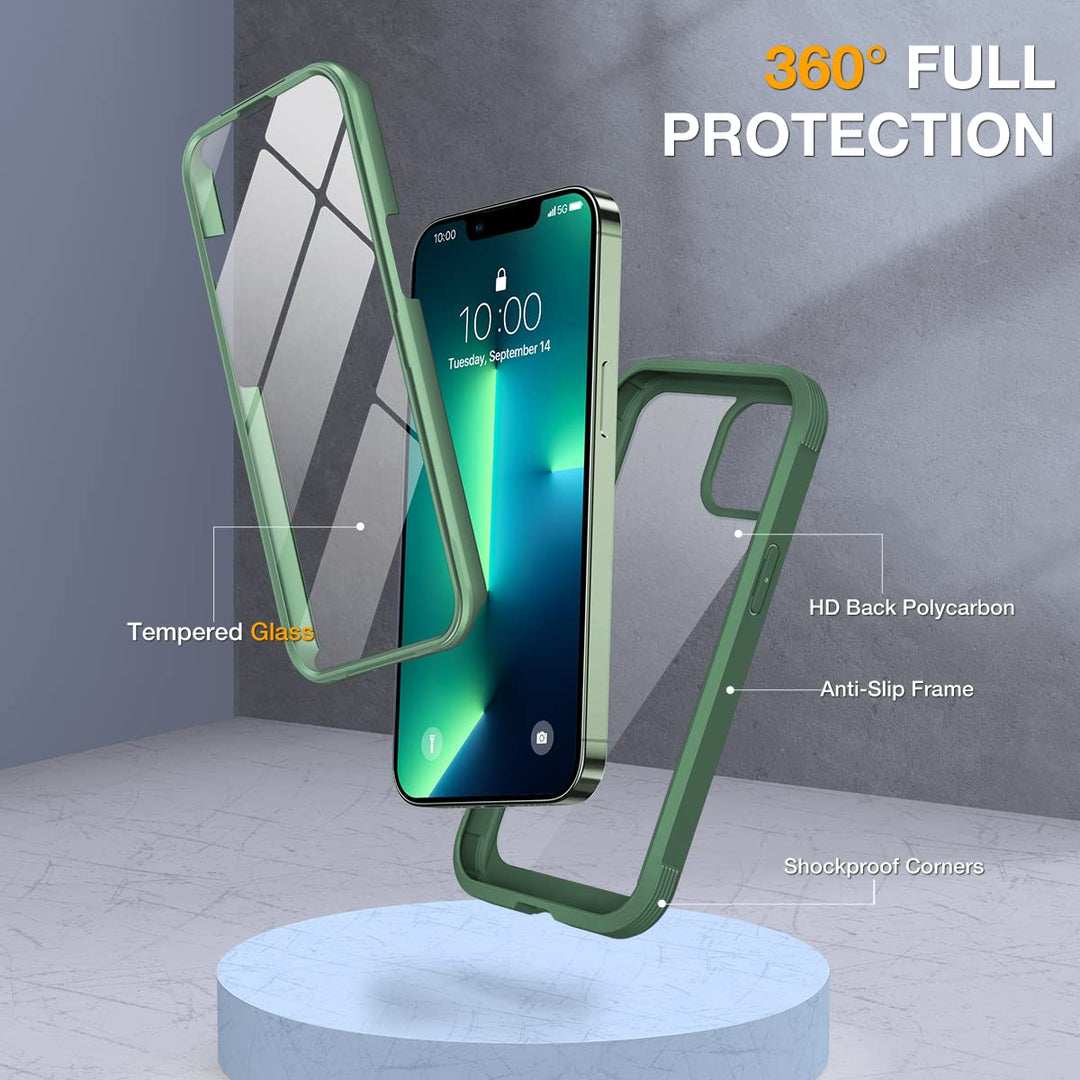 Glass Case Compatible with iPhone 13 Pro Max Case 6.7 inch, [Glass Screen Protector] Full Body Rubber Bumper Case Cover (Alpine Green)