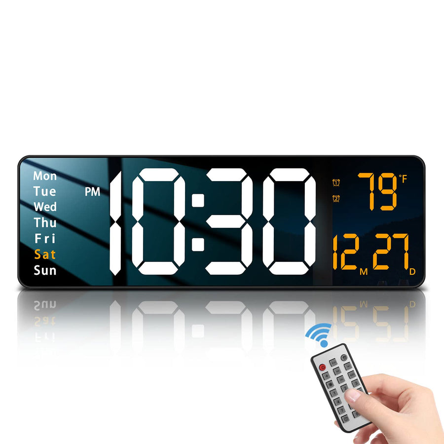 Modern 16 Large Digital Wall Clock with Remote Control, LED Display, Auto-Dimming, Countdown, Temperature, Calendar - 12/24Hr Format - Silent Wall Clock for Home, Office, or Gym Use (Orange)