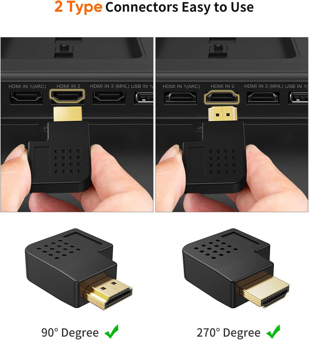 HDMI Adapter Male to Female, 2 Pack 90 and 270 Degree Right Angle Converter, HDMI L Shape Flat Extender for Wall TV, Roku, PS5, Fire Stick, Chromecast, Switch, Laptop,Xbox, PC
