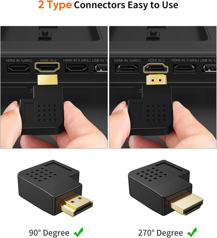 HDMI Adapter Male to Female, 2 Pack 90 and 270 Degree Right Angle Converter, HDMI L Shape Flat Extender for Wall TV, Roku, PS5, Fire Stick, Chromecast, Switch, Laptop,Xbox, PC