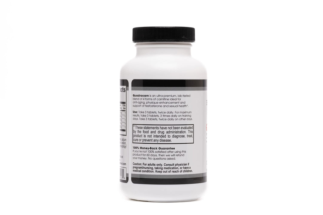Quadracarn 4X-Potency, Lab Tested Ultra-Premium Carnitine Blend for Fat Loss, Muscle Definition, Metabolism, Mood, Energy Boost, Anti-Aging, Brain Function. 120 Tablets.